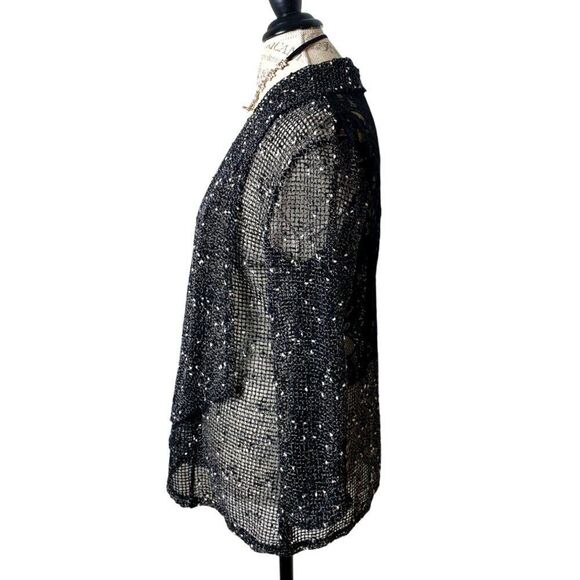 Frazzle Black Open Mesh Open-Front Cardigan M Lace Crochet Button Accents - Picture 4 of 7